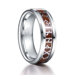 Men's 8mm Phoenician Pattern Wood Inlay Silver Tungsten Carbide Ring