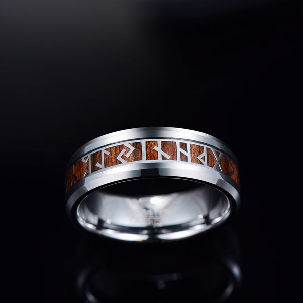 Men's 8mm Phoenician Pattern Wood Inlay Silver Tungsten Carbide Ring