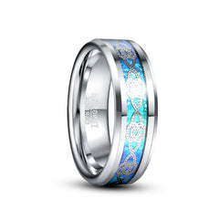 Men's 8mm Silver Knot Blue Opal Inlay Silver Tungsten Carbide Ring