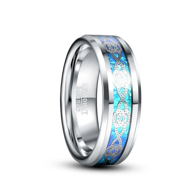 Men's 8mm Silver Knot Blue Opal Inlay Silver Tungsten Carbide Ring