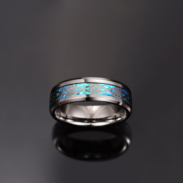 Men's 8mm Silver Knot Blue Opal Inlay Silver Tungsten Carbide Ring