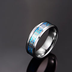 Men's 8mm Silver Knot Blue Opal Inlay Silver Tungsten Carbide Ring