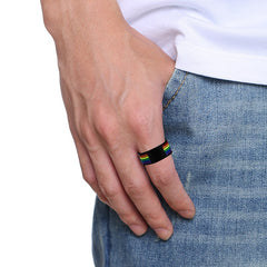 Unisex 10mm 'Pride' Rainbow Groove Black Tungsten Carbide Ring