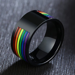 Unisex 10mm 'Pride' Rainbow Groove Black Tungsten Carbide Ring