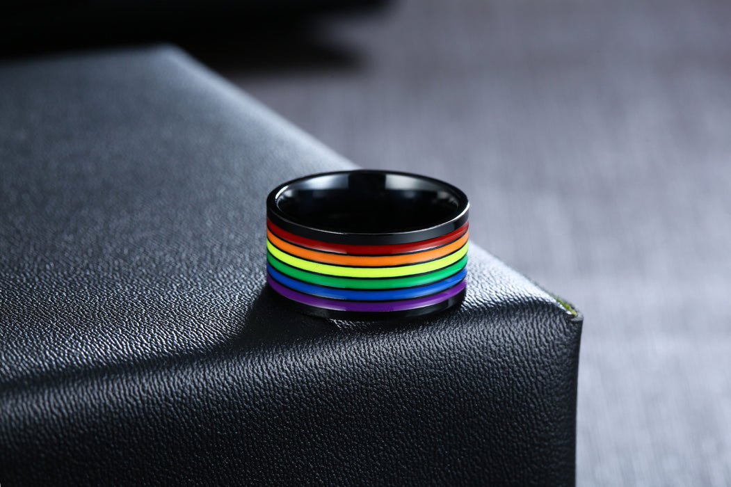 Unisex 10mm 'Pride' Rainbow Groove Black Tungsten Carbide Ring