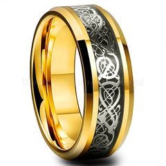 Men's 8mm Silver Celtic Dragon Inlay Gold Tungsten Carbide Ring