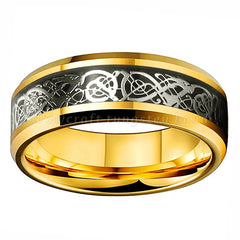 Men's 8mm Silver Celtic Dragon Inlay Gold Tungsten Carbide Ring