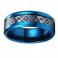 Men's 8mm Blue Celtic Dragon Inlay Blue Tungsten Carbide Ring