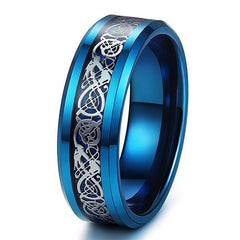 Men's 8mm Blue Celtic Dragon Inlay Blue Tungsten Carbide Ring