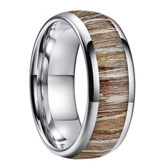 Men's 8mm Sandalwood Inlay Dome Silver Tungsten Ring