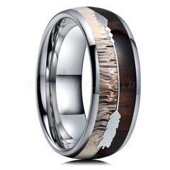 Men's 8mm Deer Antler Koa Wood and Arrow Inlay Silver Tungsten Ring