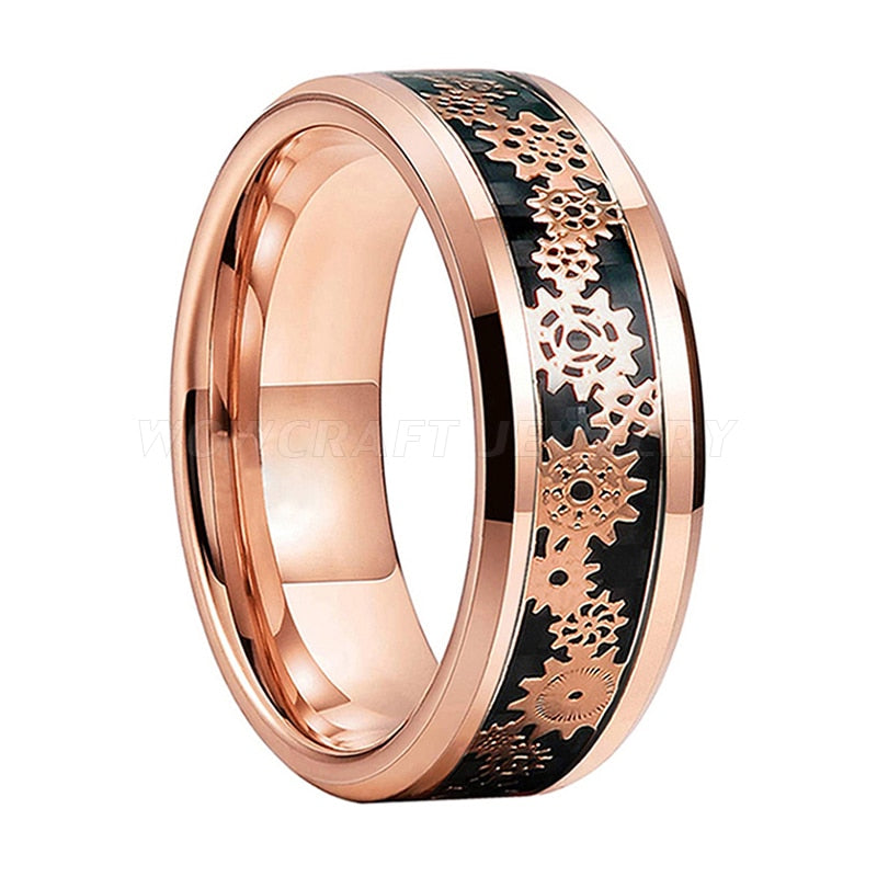 Men's 6mm Inlaid Rose Gold Gear Rose Gold Tungsten Carbide Ring