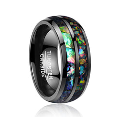 Men's 8mm Inlaid Shell and Opal Dome Black Tungsten Carbide Ring