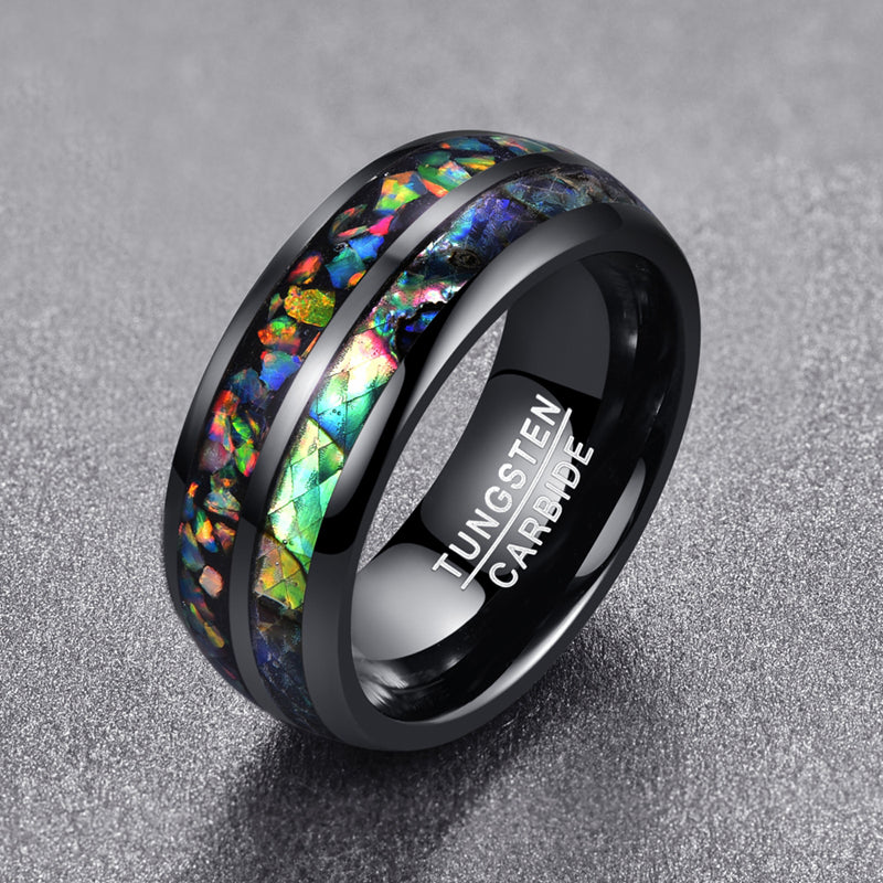 Men's 8mm Inlaid Shell and Opal Dome Black Tungsten Carbide Ring