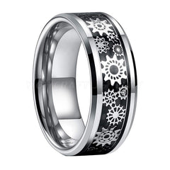 Men's 8mm Inlaid Gear Silver Tungsten Carbide Ring