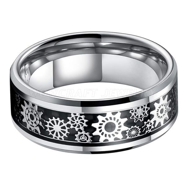 Men's 8mm Inlaid Gear Silver Tungsten Carbide Ring
