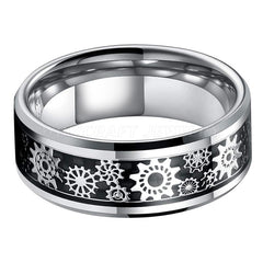 Men's 8mm Inlaid Gear Silver Tungsten Carbide Ring