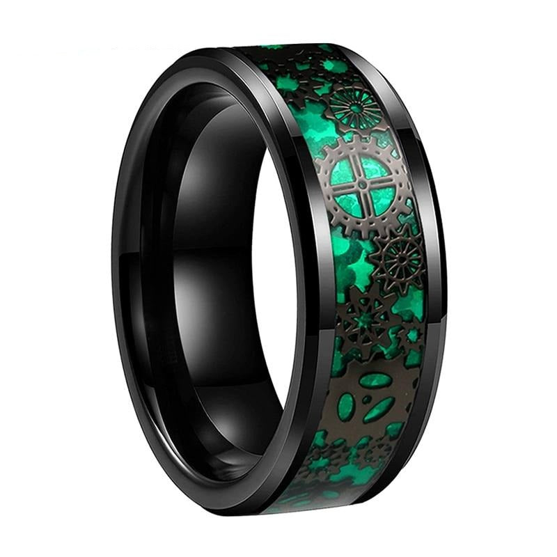 Men's 6mm Inlaid Green Gear Black Tungsten Carbide Ring