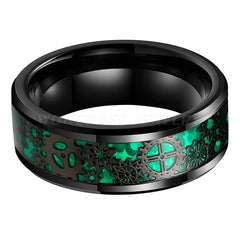 Men's 8mm Inlaid Green Gear Black Tungsten Carbide Ring