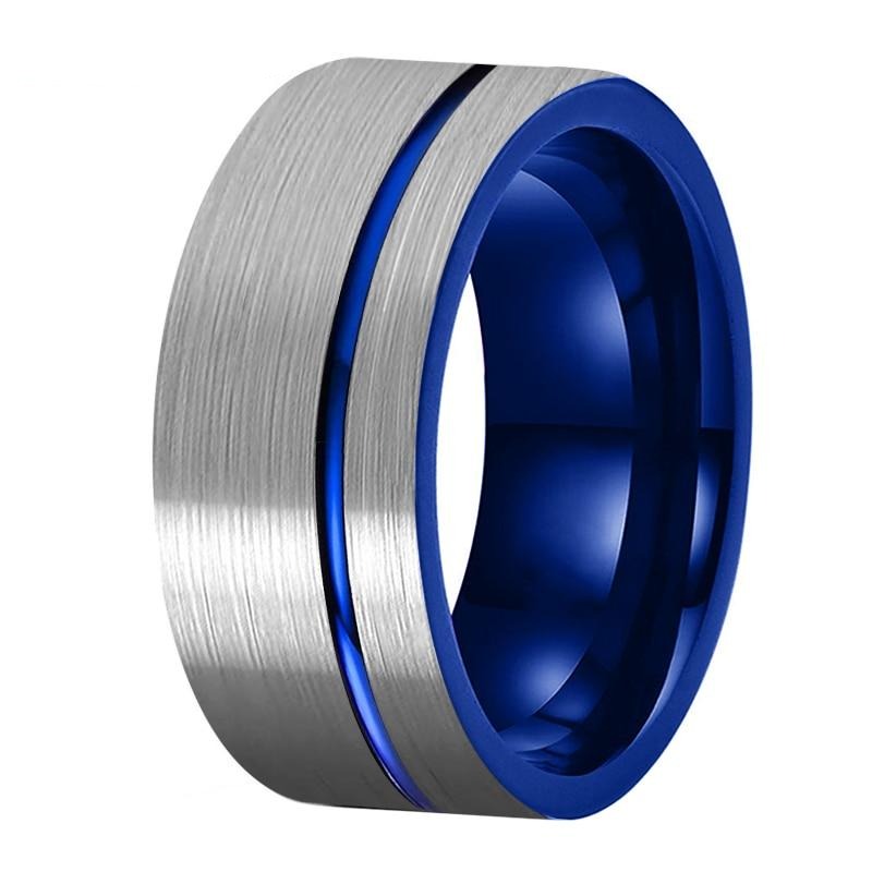 Men's 10mm Offset Blue Groove Blue Inner Brushed Silver Tungsten Carbide Ring