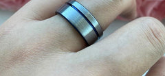 Men's 10mm Offset Blue Groove Blue Inner Brushed Silver Tungsten Carbide Ring