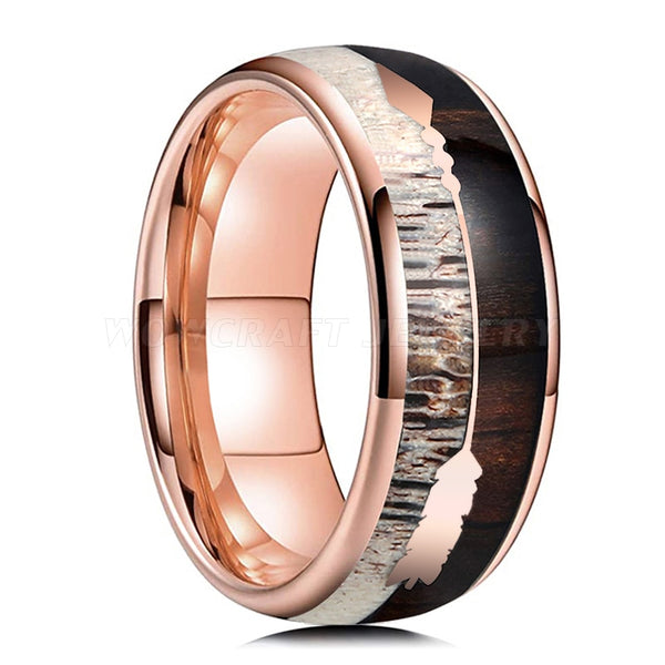 Men's 8mm Deer Antler Koa Wood and Arrow Inlay Rose Gold Tungsten Ring