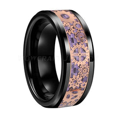 Men's 8mm Rose Gold Gear Inlay Black Tungsten Carbide Ring