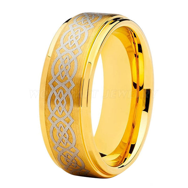 Men's 8mm Engraved Celtic Knot Gold Tungsten Carbide Ring