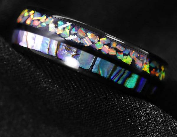 Men's 8mm Hawaiian Opal and Abalone Inlay Black Tungsten Ring