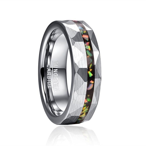 Men's 6mm Brushed Hammered Silver Opal Inlay Tungsten Carbide Ring