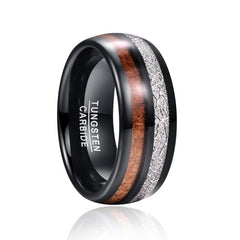 Men's 8mm Acacia Wood and Meteorite Inlay Black Tungsten Carbide Ring