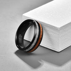 Men's 8mm Acacia Wood and Meteorite Inlay Black Tungsten Carbide Ring