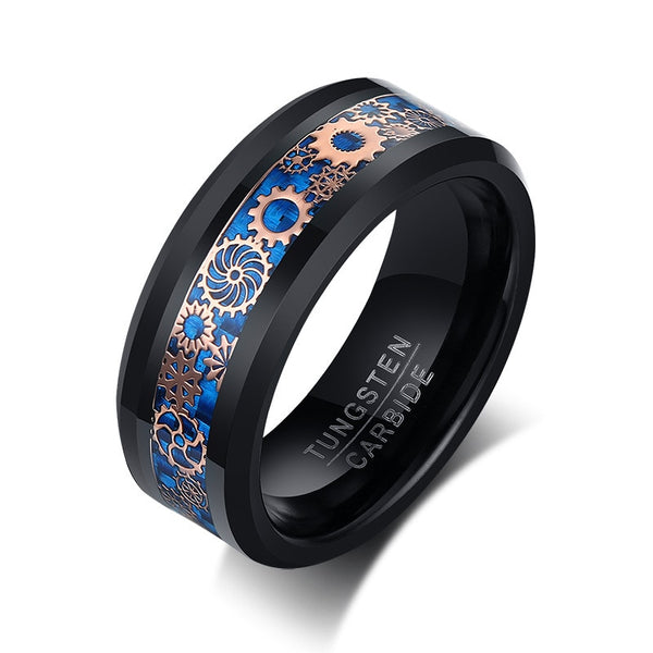 Men's 8mm Rose Gold Gear Inlay Black Tungsten Carbide Ring