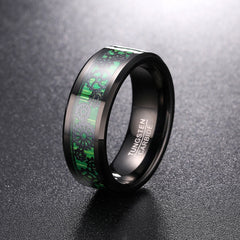 Men's 8mm Green and Carbon Fiber Gear Inlay Black Tungsten Carbide Ring