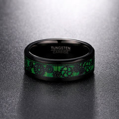 Men's 8mm Green and Carbon Fiber Gear Inlay Black Tungsten Carbide Ring