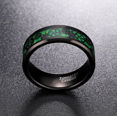 Men's 8mm Green and Carbon Fiber Gear Inlay Black Tungsten Carbide Ring