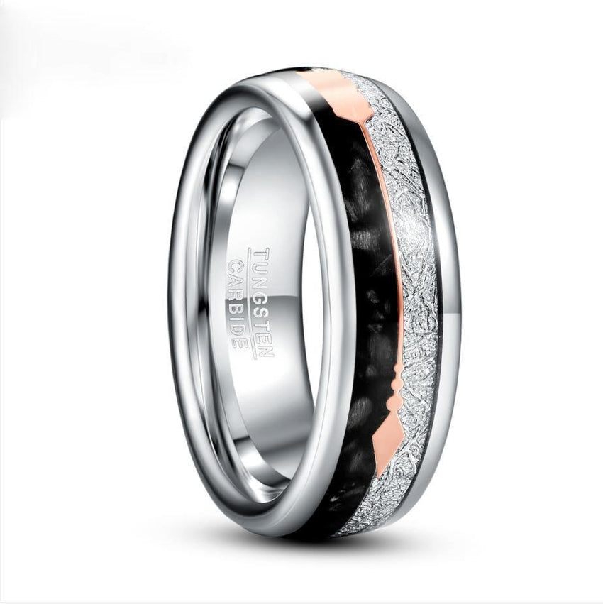 Men's 8mm Inlaid Meteorite Black Agate and Rose Gold Arrow Polished Silver Tungsten Carbide Ring