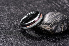 Men's 8mm Inlaid Meteorite Black Agate and Rose Gold Arrow Polished Silver Tungsten Carbide Ring