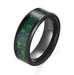 Men's 8mm Green and Carbon Fiber Gear Inlay Black Tungsten Carbide Ring