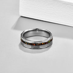 Men's 6mm Brushed Hammered Silver Opal Inlay Tungsten Carbide Ring