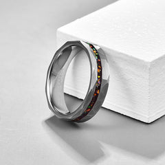 Men's 6mm Brushed Hammered Silver Opal Inlay Tungsten Carbide Ring