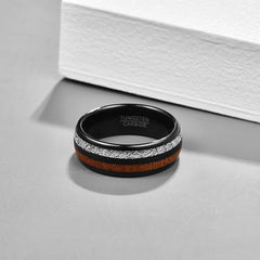 Men's 8mm Acacia Wood and Meteorite Inlay Black Tungsten Carbide Ring