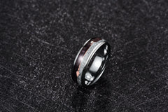 Men's 8mm Inlaid Meteorite Black Agate and Rose Gold Arrow Polished Silver Tungsten Carbide Ring