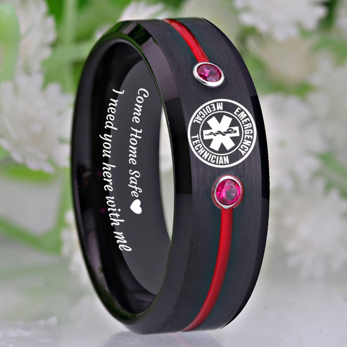 8mm Paramedic Shield and Red CZ 'Come Home Safe' Black Tungsten Carbide Ring