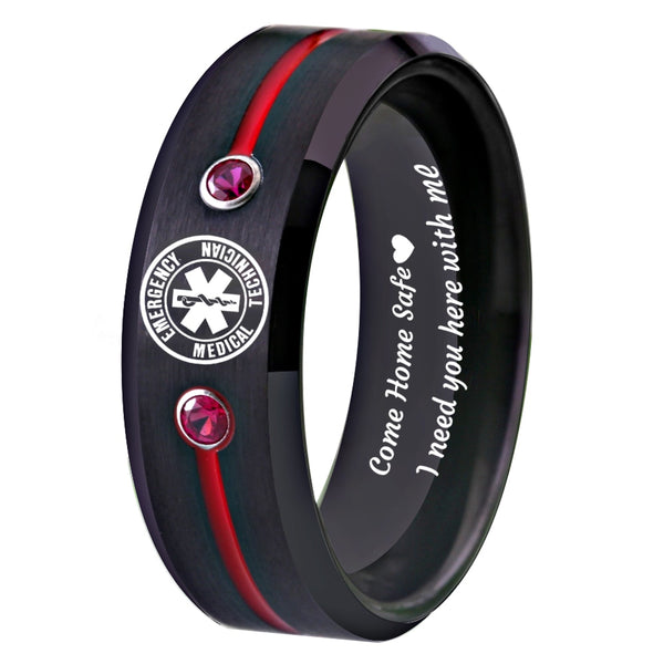 8mm Paramedic Shield and Red CZ 'Come Home Safe' Black Tungsten Carbide Ring