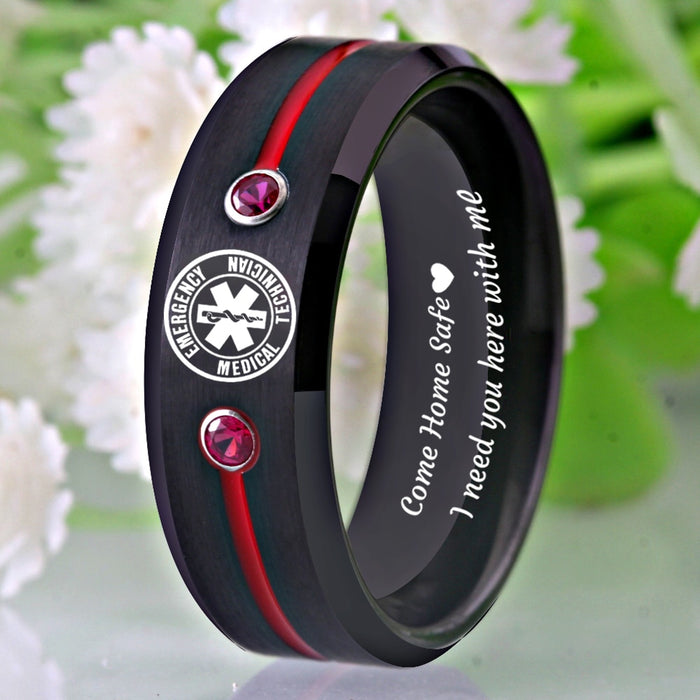 8mm Paramedic Shield and Red CZ 'Come Home Safe' Black Tungsten Carbide Ring
