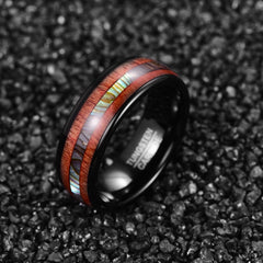 Men's 8mm Inlaid Zebra Wood and Abalone Shell Black Tungsten Carbide Ring