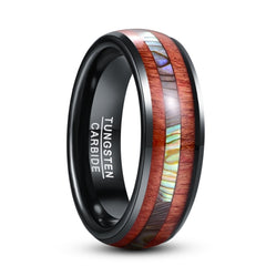 Men's 8mm Inlaid Zebra Wood and Abalone Shell Black Tungsten Carbide Ring