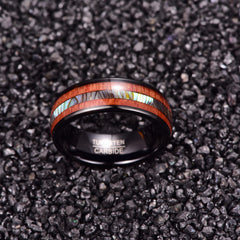 Men's 8mm Inlaid Zebra Wood and Abalone Shell Black Tungsten Carbide Ring