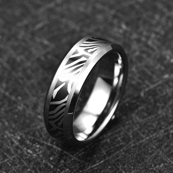 Men's Silver Carbon Zebra Fleck Tungsten Carbide Ring